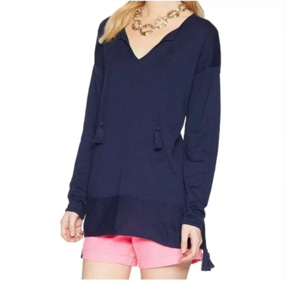 Lilly Pulitzer Colene Sweater navy blue lightweight tunic tassel top‎ Medium